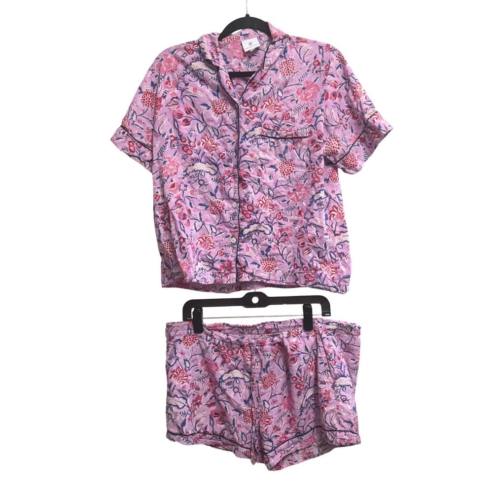 Pax Philomena Hand Block Print Floral Pink Cotton Pajama Set Shorts Large L